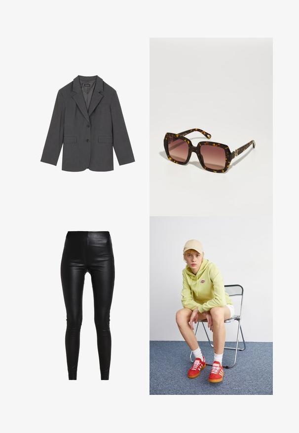 Grauer Blazer mit Reverskragen, zwei Fronttaschen und zwei Knöpfen. Glattes Material mit einem dezenten Webmuster, taillierte Passform und langen Ärmeln.; Grau gestrickter Rollkragenpullover mit lockerer Passform, gerippten Bündchen und Saum sowie einer strukturierten Webart. Die Rückseite ist schlicht und ohne zusätzliche Details.; Rotes ärmelloses Oberteil mit drapiertem Ausschnitt, asymmetrischem Saum und Bindegürtel an der Taille. Hergestellt aus einem leichten, durchsichtigen Stoff.; Schwarze Leggings aus Kunstleder mit hohem Bund, enganliegendem Design, glatter Textur und ohne sichtbare Nähte oder Verzierungen.; Helle grüne Kapuzenjacke mit Logo, weiße Shorts, rote Sneakers mit weißen Streifen, sitzend auf einem verchromten Klappstuhl vor einem neutralen Hintergrund.; CHLOÉ Sonnenbrille - havana/red; Schwarze Lederhandtasche mit geschwungenem Design, Beschlägen in Goldfarbe und einem oberen Griff. Verfügt über einen eleganten Verschluss und eine glatte Textur.