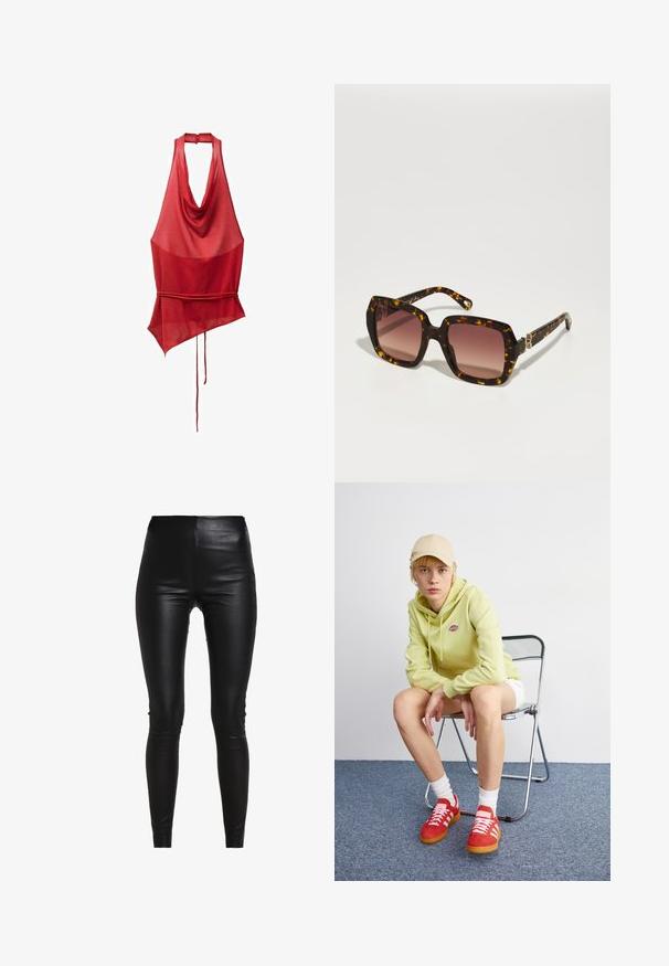 Grauer Blazer mit Reverskragen, zwei Fronttaschen und zwei Knöpfen. Glattes Material mit einem dezenten Webmuster, taillierte Passform und langen Ärmeln.; Grau gestrickter Rollkragenpullover mit lockerer Passform, gerippten Bündchen und Saum sowie einer strukturierten Webart. Die Rückseite ist schlicht und ohne zusätzliche Details.; Rotes ärmelloses Oberteil mit drapiertem Ausschnitt, asymmetrischem Saum und Bindegürtel an der Taille. Hergestellt aus einem leichten, durchsichtigen Stoff.; Schwarze Leggings aus Kunstleder mit hohem Bund, enganliegendem Design, glatter Textur und ohne sichtbare Nähte oder Verzierungen.; Helle grüne Kapuzenjacke mit Logo, weiße Shorts, rote Sneakers mit weißen Streifen, sitzend auf einem verchromten Klappstuhl vor einem neutralen Hintergrund.; CHLOÉ Sonnenbrille - havana/red; Schwarze Lederhandtasche mit geschwungenem Design, Beschlägen in Goldfarbe und einem oberen Griff. Verfügt über einen eleganten Verschluss und eine glatte Textur.