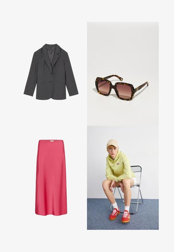Blazer gris avec revers crantés, deux poches avant et deux boutons. Tissu lisse avec un motif de tissage subtil, coupe structurée et manches longues.; Pull en maille côtelée gris avec un col roulé, une coupe décontractée, des poignets et un ourlet côtelés, et un tissage texturé. L'arrière est simple, sans détails supplémentaires.; Jupon midi en satin rose avec une texture lisse, une coupe décontractée et une taille élastique subtile, offrant une silhouette fluide.; Un sweat à capuche vert clair avec logo, un short blanc, des baskets rouges avec rayures blanches, assis sur une chaise pliante en chrome contre un fond neutre.; CHLOÉ Lunettes de soleil - havana/red; Sac à main en cuir noir avec un design incurvé, matériel doré et une poignée sur le dessus. Présente une fermeture élégante et une texture lisse.