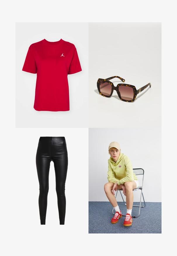 Grå kavaj med slag, två framfickor och två knappar. Slät tyg med en subtil vävstruktur, strukturerad passform och långärmade.; Grå stickad turtleneck-tröja med avslappnad passform, ribbade mudd och nederkant samt en strukturväv. Baksidan är enkel utan ytterligare detaljer.; Röd bomullströja med korta ärmar, rundad halsringning, med en vit Jordan-logga broderad på vänster bröst. Slät textur.; Svarta faux läder leggings med hög midja, figurnära design, slät textur och utan synliga sömmar eller utsmyckningar.; Ljusgrön hoodie med logotyp, vita shorts, röda sneakers med vita ränder, sittande på en kromad vikstol mot en neutral bakgrund.; CHLOÉ Solglasögon - havana/red; Svart läderhandväska med en böjd design, hårdvara i guldton, och ett handtag ovanpå. Har en snygg stängning och en mjuk yta.