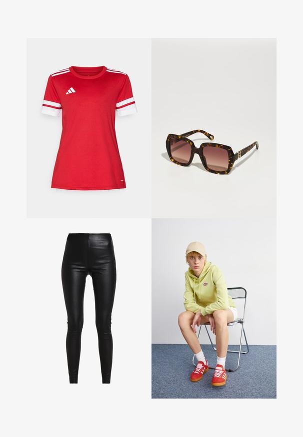 Szary żakiet z klapami, dwoma przednimi kieszeniami i dwoma guzikami. Gładki materiał z delikatnym wzorem tkanym, dopasowany krój i długie rękawy.; Szary sweter z golfem z dzianiny, charakteryzujący się luźnym krojem, prążkowanymi mankietami i dołem oraz teksturowanym splotem. Tył jest prosty, bez dodatkowych detali.; Czerwona koszulka sportowa wykonana z miękkiego materiału, z białymi paskami na krótkich rękawach, okrągłym dekoltem i logo adidas na lewej piersi.; Czarne legginsy z sztucznej skóry o wysokim stanie, dopasowanym kroju, gładkiej fakturze oraz bez widocznych szwów czy ozdób.; Jasnozielona bluza z kapturem z logo, białe szorty, czerwone buty sportowe w białe paski, siedzący na chromowanym składanym krześle na neutralnym tle.; CHLOÉ - Okulary przeciwsłoneczne