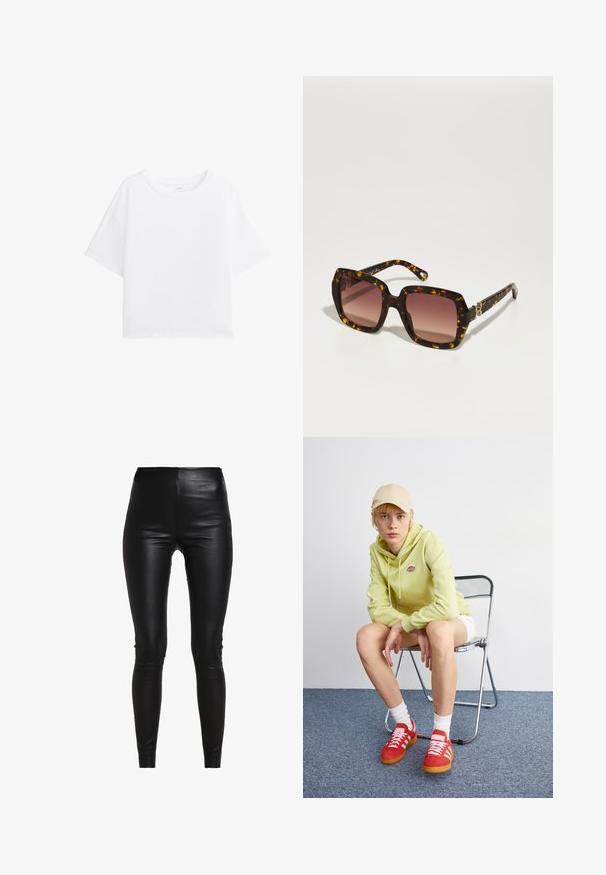 Grijze blazer met geplooide revers, twee voorzakken en twee knopen. Gladde stof met een subtiel geweven patroon, gestructureerde pasvorm en lange mouwen.; Grijze gebreide coltrui met een ontspannen pasvorm, geribbelde mouwen en onderkant, en een gevarieerde structuur. De achterkant is eenvoudig zonder verdere details.; Witte T-shirt met korte mouwen en een ronde hals, gemaakt van zachte stof. Relaxte pasvorm en eenvoudig ontwerp zonder patronen of extra details.; Zwarte nepleer leggings met een hoge taille, een figuurvolgend ontwerp, een gladde textuur en geen zichtbare naden of versieringen.; Lichtgroene hoodie met logo, witte shorts, rode sneakers met witte strepen, zittend op een chroom opvouwstoel tegen een neutrale achtergrond.; CHLOÉ Zonnebril - havana/red; Zwarte leren handtas met een gebogen ontwerp, goudkleurige accenten en een bovenhandvat. Heeft een strakke sluiting en een gladde textuur.
