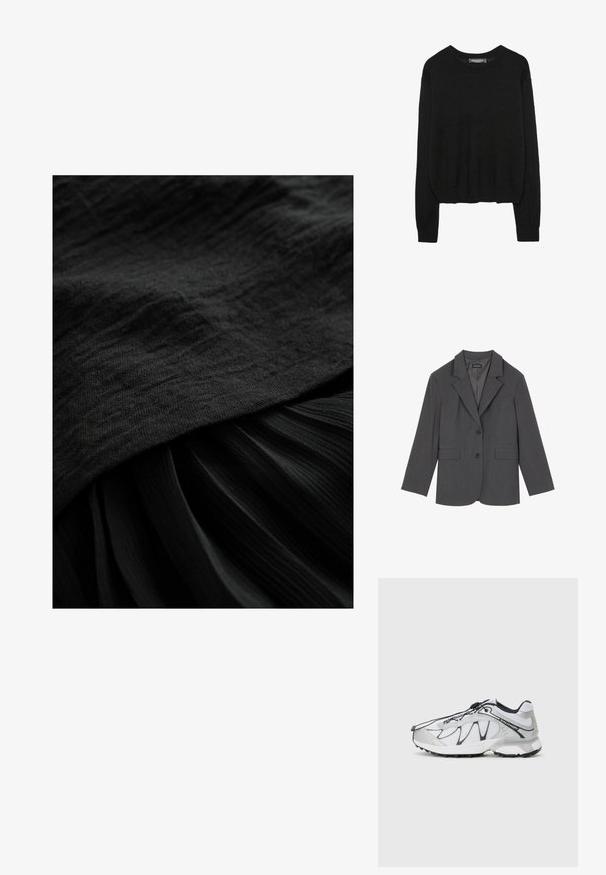 Grå blazer med noterede klapper, to frontlommer og to knapper. Glat stof med et subtilt vævemønster, struktureret pasform og lange ærmer.; Sort langærmet trøje med rund halsudskæring, ribbede manchetter og kant, præsenteret mod en hvid baggrund.; Sort stof med en struktureret overflade, der har et glat toppanel og en plisseret nederste del, begge i en dyb, ensartet sort nuance.; Hvide sportsko med en mesh-overdel, sorte accenter, tekstureret gummisål og elastisk snøringssystem. Letvægtig med et moderne design.; Sort læder skuldertaske med en afslappet form og sømdetaljer. Modellen har en lyserød og hvid stribet skjorte på sammen med blå jeans med brede ben.
