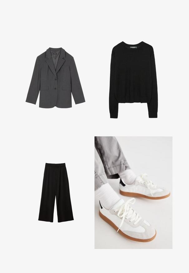 Blazer grigio con rever a punta, due tasche frontali e due bottoni. Tessuto liscio con un delicato motivo a trama, vestibilità strutturata e maniche lunghe.; Maglione nero a maniche lunghe con collo a giro e polsini e orlo a coste, esposto su uno sfondo bianco.; Pantaloni neri a gamba larga con vita alta, caratterizzati da pieghe, una texture liscia e senza tasche o decorazioni visibili.; Scarpe da ginnastica bianche e grigie realizzate in materiali scamosciati e in pelle. Presentano una suola in gomma e un design con lacci, accentuato da un dettaglio scuro sul tallone.