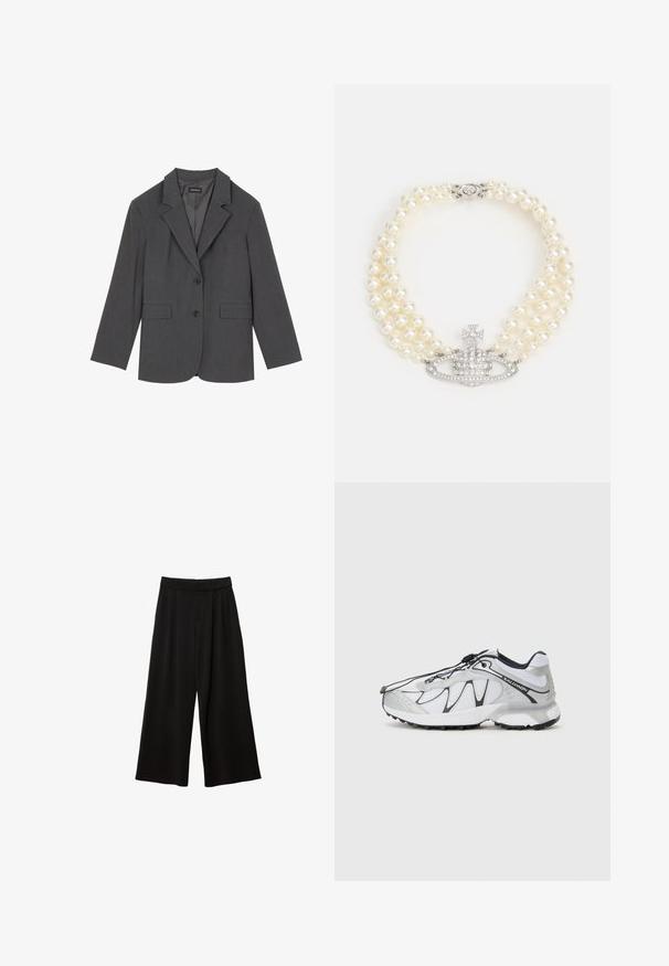 Harmaan takin, jossa on taitetut kaulukset, kaksi etutaskua ja kaksi nappia. Silkkinen kangas, jossa on hienovarainen kudontamalli, jämäkkä istuvuus ja pitkät hihat.; Musta pitkähihainen pyöreäkaulaimen villapaita, jossa on ribbireunat hihansuissa ja helmassa, esitetty valkoista taustaa vasten.; Mustat löysät housut korkealla vyötäröllä, joissa on laskoksia, sileä pinta ja ei näkyviä taskuja tai koristeluja.; Valkoiset urheilukengät, joissa on verkkopäällinen, mustat korostukset, teksturoitu kumipohja ja joustava nauhajärjestelmä. Kevyet ja modernin muotoilun omaavat.; Vivienne Westwood THREE ROW RELIEF CHOKER - Kaulakoru - silver-coloured/white