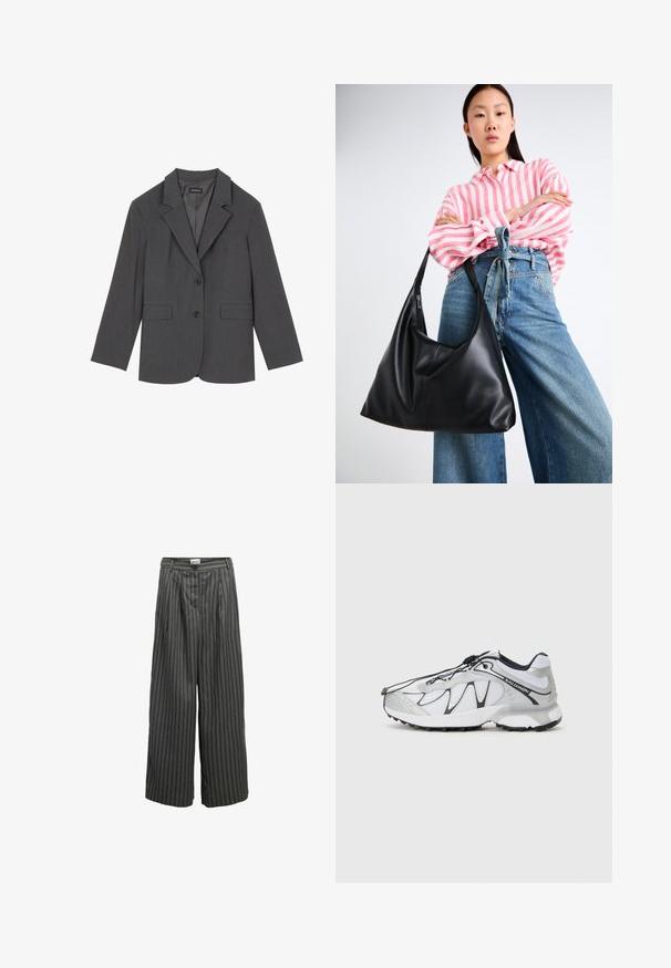 Blazer gris avec revers crantés, deux poches avant et deux boutons. Tissu lisse avec un motif de tissage subtil, coupe structurée et manches longues.; Pull noir à manches longues avec col rond, doté de bords côtelés aux poignets et à l'ourlet, présenté sur un fond blanc.; Pantalons larges gris avec un motif à fines rayures, taille haute avec une fermeture à bouton et des détails plissés pour plus de volume.; Baskets de sport blanches avec une tige en mesh, accents noirs, semelle en caoutchouc texturée et système de laçage élastique. Légères avec un design moderne.; Sac à épaule en cuir noir avec une forme décontractée et des détails de couture. Le modèle porte une chemise rayée rose et blanche avec un jean bleu à jambes larges.