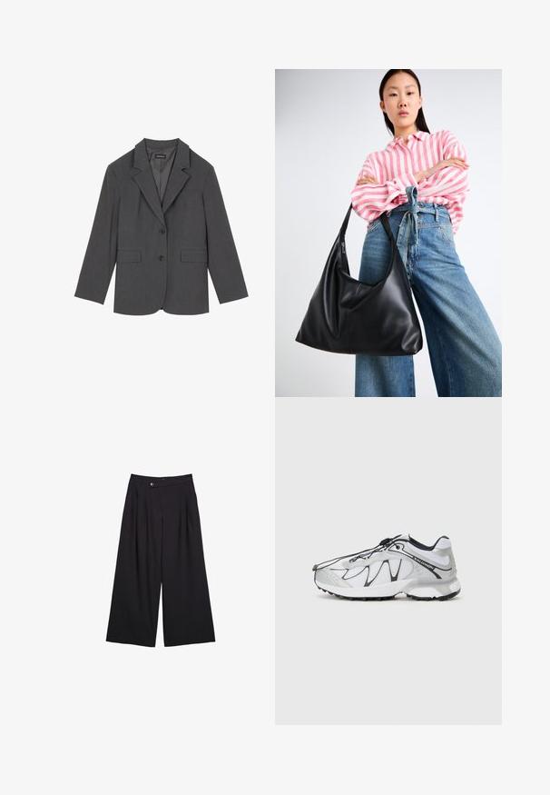 Grauer Blazer mit Reverskragen, zwei Fronttaschen und zwei Knöpfen. Glattes Material mit einem dezenten Webmuster, taillierte Passform und langen Ärmeln.; Schwarzer Langarm-Pullover mit Rundhalsausschnitt und gerippten Bündchen und Saum, auf einem weißen Hintergrund präsentiert.; Schwarze weite Hosen aus glattem Stoff mit vorderen Falten, einem Knopfverschluss und einem hohen Taillendesign.; Weiße Sportschuhe mit einem Obermaterial aus Mesh, schwarzen Akzenten, einer strukturierten Gummisohle und einem elastischen Schnürsystem. Leichtgewichtig mit modernem Design.; Schwarze Leder-Umhängetasche mit einer lässigen Form und Nahtdetails. Das Modell trägt ein pink-weiß gestreiftes Hemd zu weit geschnittenen blauen Jeans.