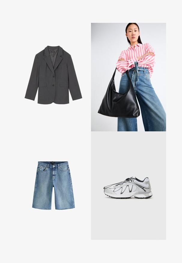 Grå blazer med noterede klapper, to frontlommer og to knapper. Glat stof med et subtilt vævemønster, struktureret pasform og lange ærmer.; Sort langærmet trøje med rund halsudskæring, ribbede manchetter og kant, præsenteret mod en hvid baggrund.; Next REGULAR FIT - Denimshorts - dark blue; Hvide sportsko med en mesh-overdel, sorte accenter, tekstureret gummisål og elastisk snøringssystem. Letvægtig med et moderne design.; Sort læder skuldertaske med en afslappet form og sømdetaljer. Modellen har en lyserød og hvid stribet skjorte på sammen med blå jeans med brede ben.