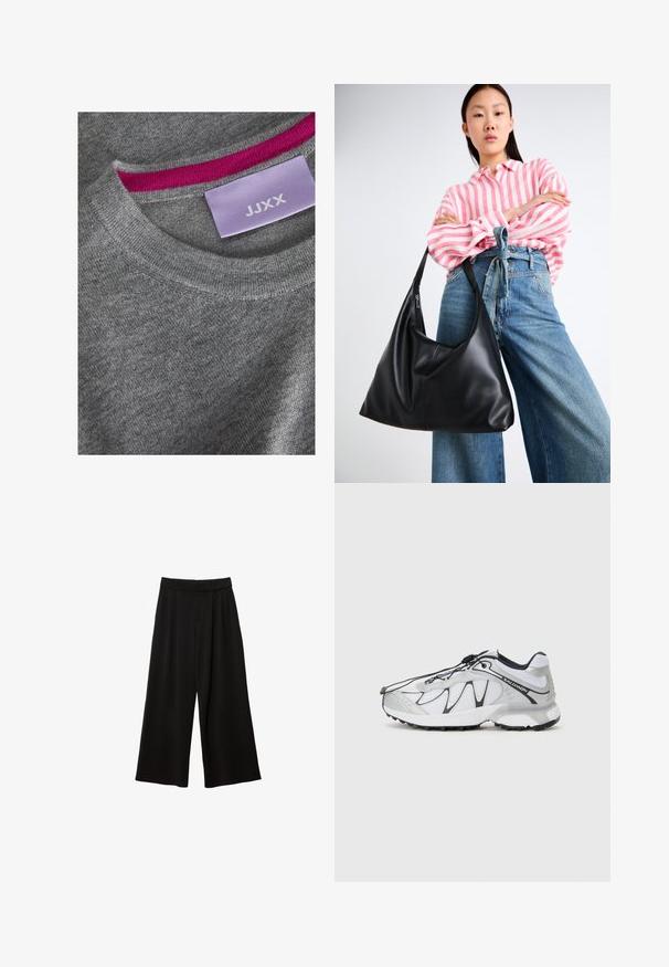 Blazer grigio con rever a punta, due tasche frontali e due bottoni. Tessuto liscio con un delicato motivo a trama, vestibilità strutturata e maniche lunghe.; Maglione grigio a maglia con scollo a girocollo a coste. Accento rosa all'interno del collo. Etichetta visibile con "JJXX" su uno sfondo viola chiaro.; Pantaloni neri a gamba larga con vita alta, caratterizzati da pieghe, una texture liscia e senza tasche o decorazioni visibili.; Scarpe atletiche bianche con tomaia in mesh, dettagli neri, suola in gomma texturizzata e sistema di allacciatura elastico. Leggere e dal design moderno.; Borsa a spalla in pelle nera con una forma morbida e dettagli sulle cuciture. Il modello indossa una camicia a righe rosa e bianche con jeans a gamba larga blu.