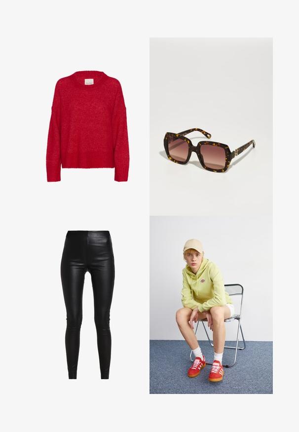 Harmaan takin, jossa on taitetut kaulukset, kaksi etutaskua ja kaksi nappia. Silkkinen kangas, jossa on hienovarainen kudontamalli, jämäkkä istuvuus ja pitkät hihat.; Punainen neulottu villapaita, jossa on pyöreä pääntie, pudotetut hartiat, ribbaushelma ja pehmeä rakenne, joka tarjoaa löysän istuvuuden ja kevyen, ilmavan ulkonäön.; Mustat tekonahkalegginsit, joissa on korkea vyötärö, muotoa myötäilevä malli, sileä pinta sekä ei näkyviä saumoja tai koristeluja.; Vaaleanvihreä huppari, jossa on logo, valkoiset shortsit, punaiset tennarit valkoisilla raidoilla, istuu kromisessa taitettavassa tuolissa neutraalia taustaa vasten.; CHLOÉ Aurinkolasit - havana/red; Musta nahkainen käsilaukku, jossa on kaareva muotoilu, kultasävyiset yksityiskohdat ja yläkahva. Sisältää tyylikkään sulkijan ja sileän pinnan.