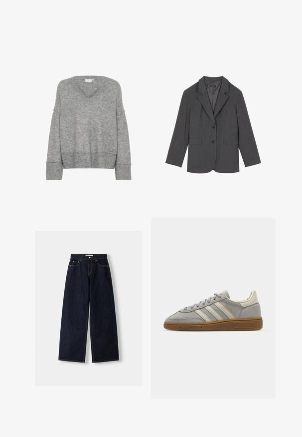 Harmaan takin, jossa on taitetut kaulukset, kaksi etutaskua ja kaksi nappia. Silkkinen kangas, jossa on hienovarainen kudontamalli, jämäkkä istuvuus ja pitkät hihat.; Harmaa neulottu villapaita, jossa on V-pääntie, ylisuuri malli, leveät hihat ja ribbauskut. Pehmeä rakenne; saumaton muotoilu ilman kuvioita tai koristeita.; Tummansiniset farkut, joissa on leveät lahkeet ja korkea vyötärö, viisi taskua, kontrastiväriset saumat ja hopeiset metalliosat. Sileä pinta ja siisti viimeistely.; Harmaat mokka-tennarit, joissa on vaaleanharmaat nahkaviivat ja kumipohja. Ominaisuuksiin kuuluvat nauhakiinnitys ja huomaamaton brändäys kielen kohdalla.