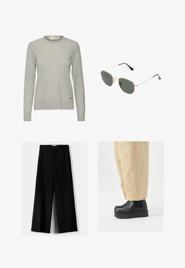 Grå blazer med noterede klapper, to frontlommer og to knapper. Glat stof med et subtilt vævemønster, struktureret pasform og lange ærmer.; Lys grå sweater lavet af blødt stof, med rund halsudskæring, lange ærmer og en subtil tekstureret finish. Lille logo aksent ved kanten.; Sorte brede bukser lavet af letvægtsstof, med frontknaplukning og glat front, samt pænt syede kanter.; Sorte læder ankelstøvler med rund tå og platform sål. Sættes sammen med beige brede bukser, som har synlige syninger.; Guldmetallisk brille med mørkegrønne linser, aviator-stil, med slanke arme og skildpadde-mønstrede detaljer på spidserne.