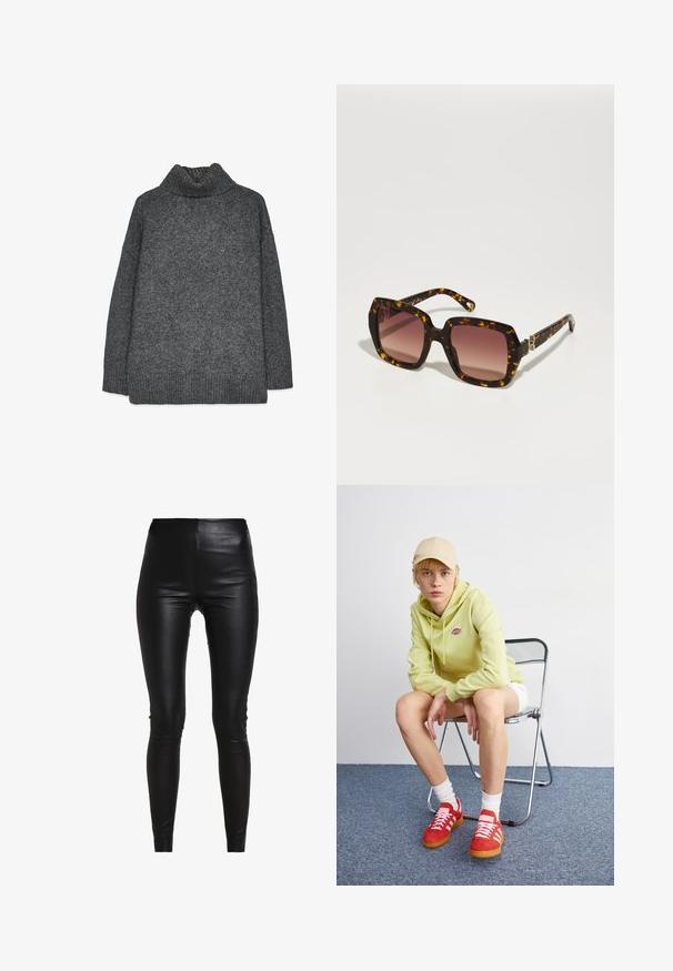 Grijze blazer met geplooide revers, twee voorzakken en twee knopen. Gladde stof met een subtiel geweven patroon, gestructureerde pasvorm en lange mouwen.; Grijze gebreide coltrui met een ontspannen pasvorm, geribbelde mouwen en onderkant, en een gevarieerde structuur. De achterkant is eenvoudig zonder verdere details.; Zwarte nepleer leggings met een hoge taille, een figuurvolgend ontwerp, een gladde textuur en geen zichtbare naden of versieringen.; Lichtgroene hoodie met logo, witte shorts, rode sneakers met witte strepen, zittend op een chroom opvouwstoel tegen een neutrale achtergrond.; CHLOÉ Zonnebril - havana/red