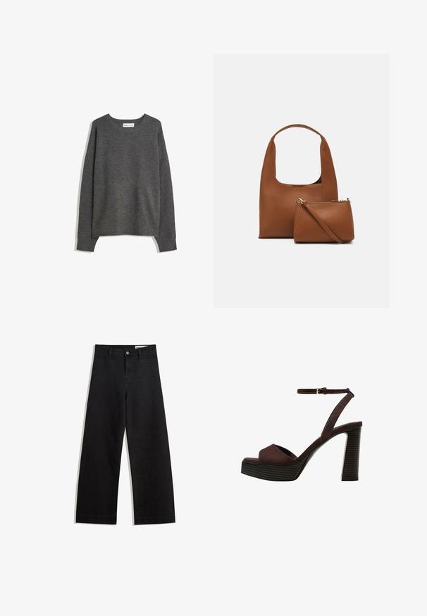 Szürke blézer, rugós hajtókákkal, két elülső zsebbel és két gombbal. Simább anyag finom szövési mintával, struktúrált fazon, hosszú ujjakkal.; Szürke kötött pulóver széles nyakkivágással, hosszú ujjal és bordázott mandzsettákkal. Az anyag puha, enyhe textúrával rendelkezik és laza szabású.; Fekete, bő szabású farmernadrág magas derékkal, elülső és hátsó zsebekkel, varrott felületekkel és gombos záródással. Sima textúra.; Barna velúr magassarkú szandál nyitott orral, állítható bokapánttal és csíkozott platformtalppal.; Barna szintetikus kézitáska ívelt fogantyúval és sima felülettel. Tartalmaz egy illeszkedő, cipzáros kis tárcát. Minimalista dizájn.