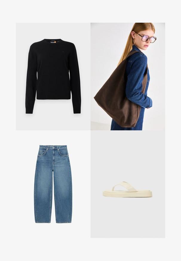 Siv blazer z oštrim reverjem, dvema sprednjima žepoma in dvema gumboma. Gladka tkanina z subtilnim vzorcem, strukturirana oblika in dolgi rokavi.; Črn pleten pulover z okruglim izrezom, dolgimi rokavi in majhnim logotipom na prsih. Mehak material in klasičen kroj.; Modri visok pas širokokužne kavbojke s sprednjimi žepi in gumbom, prikazane na belem ozadju.; Ravne japonke v svetlo rumeni barvi. Narejene iz gladkega kavčuka z dvema diagonalnima trakova in debelim podplatom za udobje in trajnost.; Rjava usnjena torba z mehkimi teksturami, ki ima prostorno zasnovo in enojno naramnico. Oblečena z modrim jeans jopičem.