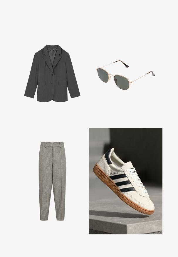 Šedý blazer s klopami, dvěma předními kapsami a dvěma knoflíky. Hladká látka s jemným tkaným vzorem, strukturovaný střih a dlouhé rukávy.; Bílá košile na knoflíky s špičatým límcem, dlouhými rukávy a malým modrým logem na levé straně hrudi. Vyrobena z bavlněné tkaniny.; Šedé vzorované kalhoty s užším střihem, hladkým předním dílem, poutky na opasek a jemnou texturou. Bez viditelných kapes nebo kovových detailů.; Bílé semišové tenisky s námořnickými pruhy, gumovou podrážkou, texturovaným svrškem, kulatou špičkou a šněrováním; obsahují branding na boku a na jazyku.; Sluneční brýle s kovovým zlatým rámem a tmavě zelenými skly, styl aviatorek, s úzkými obroučkami a želvovinovými akcenty na špičkách.; Černá kožená kabelka se strukturovaným designem, horním uchem a zlatým zapínáním. Má texturovaný povrch s embosovaným logem.