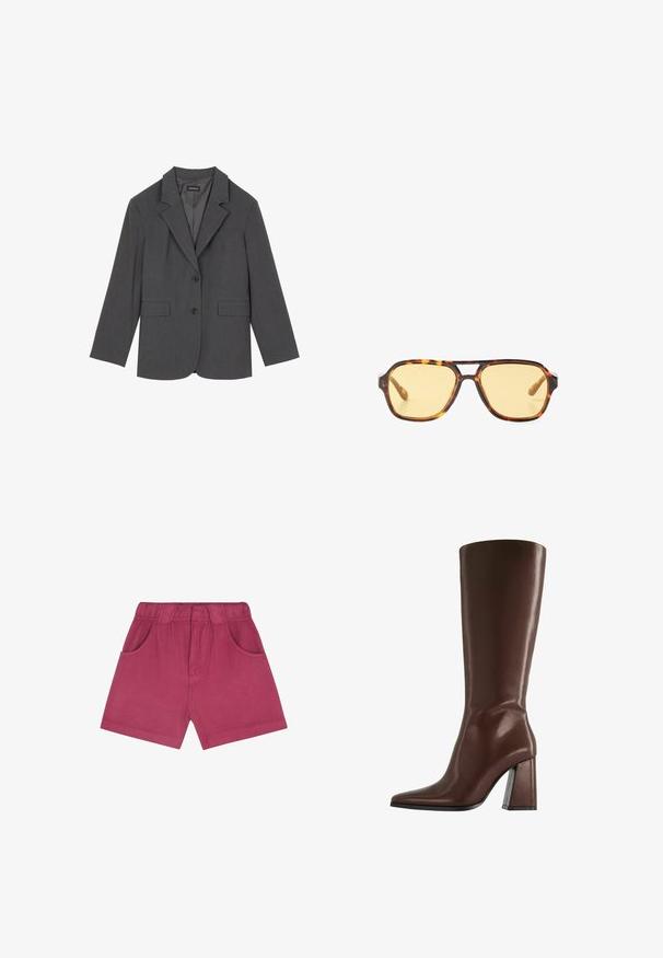 Grauer Blazer mit Reverskragen, zwei Fronttaschen und zwei Knöpfen. Glattes Material mit einem dezenten Webmuster, taillierte Passform und langen Ärmeln.; Rotes ärmelloses Oberteil mit drapiertem Ausschnitt, asymmetrischem Saum und Bindegürtel an der Taille. Hergestellt aus einem leichten, durchsichtigen Stoff.; Fuchsia-farbene Shorts aus weichem Material, mit elastischem Bund, zwei Seitentaschen und geradem Schnitt in mittlerer Oberschenkellänge.; Brauner kniehoher Lederstiefel mit spitzer Zehe und klobigem mittelhohem Absatz, Seitenansicht vor weißem Hintergrund.; Sonnenbrille aus Schildpatt mit geometrischem Design, gelben Gläsern und Metallakzenten an den Bügeln. Breiter Rahmen und matte Textur.; Braune Leder-Handtasche mit weicher Textur, geräumigem Design und einem einzigen Tragegurt. Kombiniert mit einer blauen Jeansjacke.