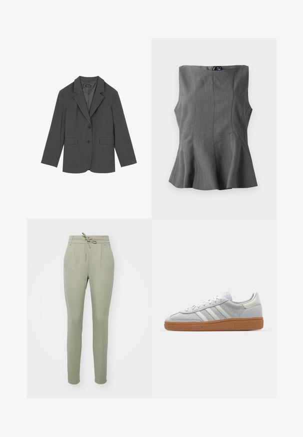 Siv blazer z oštrim reverjem, dvema sprednjima žepoma in dvema gumboma. Gladka tkanina z subtilnim vzorcem, strukturirana oblika in dolgi rokavi.; Sivina peplum majica s strukturiranim, bezrukavnim dizajnom. Izrađena od glatkog materijala, s vertikalnim šavovima i ravnim dekolteom.; Svetlo zelene tapered hlače z elastičnim pasom, sprednjimi gubami in elastičnimi manšetami, narejene iz mehke in gladke tkanine.; Svjetlo sivi suedesni sportski cipeli s bijelim kožnim naglascima, tri bijele pruge i smeđi gumeni potplat, s podstavljenim ovratnikom za udobnost.
