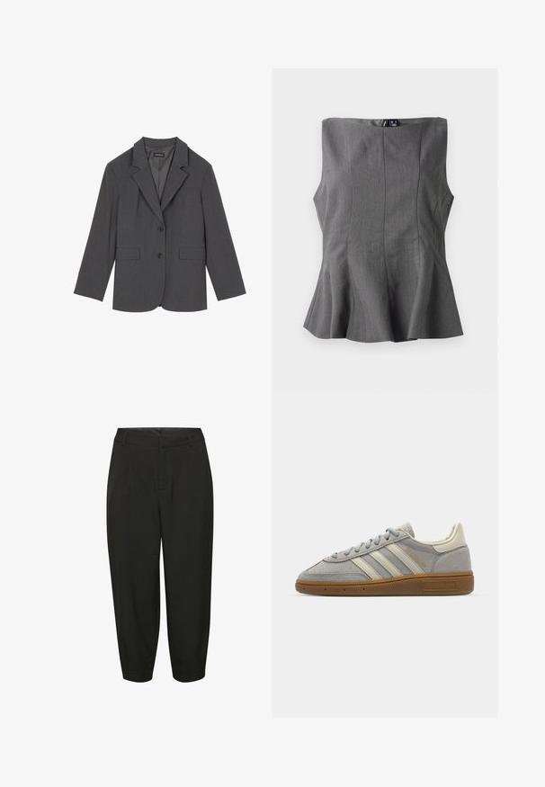 Grijze blazer met geplooide revers, twee voorzakken en twee knopen. Gladde stof met een subtiel geweven patroon, gestructureerde pasvorm en lange mouwen.; Grijze peplum top met een gestructureerd, mouwloos ontwerp. Gemaakt van een gladde stof, met verticale naden en een rechte halslijn.; Zwarte op maat gemaakte broeken met een hoge taille, plooidetails en taps toelopende pijpen, gemaakt van een gladde, lichtgewicht stof.; Grijze suède sneakers met lichtgrijze leren strepen en een gomrubberen zool. Kenmerken zijn een vetersluiting en subtiele branding op de tong.
