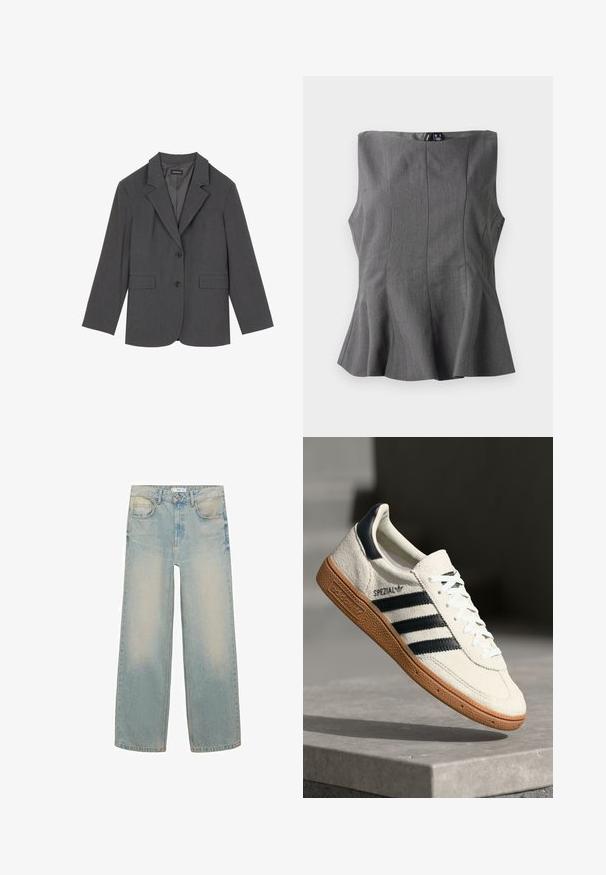 Sivi sako s oštrim reverima, dva prednja džepa i dva dugmeta. Glatka tkanina s suptilnim uzorkom, strukturirani kroj i dugi rukavi.; Siva peplum gornji dio s čvrstim dizajnom bez rukava. Izrađen od glatkog materijala, s vertikalnim šavovima i ravnim dekolteom.; Mango Traperice opuštenog kroja - light blue; Bijela suede tenisica s mornarsko plavim prugama, gumeni potplat od smole, teksturirani gornji dio, okrugli nos, i vezice; sadrži brendiranje sa strane i na jeziku.