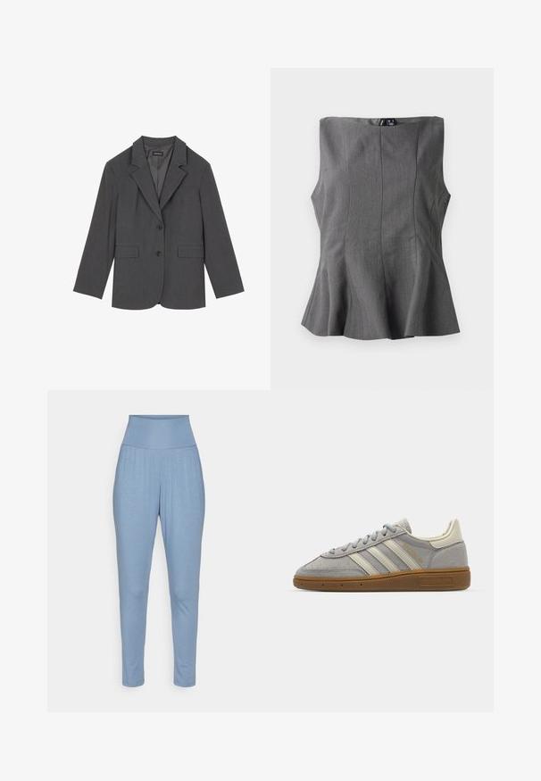 Pelēks žakets ar iegrieztiem klāniem, divām priekšējām kabatām un diviem pogām. Gluds audums ar smalku auduma rakstu, strukturēta piegriezuma un garām piedurknēm.; Pelēks peplum tops ar strukturētu, bez piedurknēm dizainu. Izgatavots no gludas auduma, ar vertikālām šuvēm un taisnu dekoltē.; Gaiši zilas, mīkstas auduma bikses ar augstu, elastīgu jostu, kas veidotas ar krokām jostasvietā un sašaurinātiem svārkiem, paredzētas komfortam.; Pelēki zamšādē sneakers ar gaiši pelēkiem ādas svītrainēm un gumijas zoli. Iespējas ietver šņorēšanu un smalku zīmolu uz mēles.