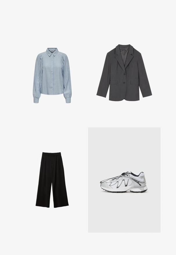 Sivi sako s oštrim reverima, dva prednja džepa i dva dugmeta. Glatka tkanina s suptilnim uzorkom, strukturirani kroj i dugi rukavi.; Svijetloplava košulja s dugim rukavima i bijelim vertikalnim prugama, koja ima klasičan ovratnik i napuhnute rukave s gurnutim manžetama.; Crne hlače širokih nogavica s visokim strukom, koje imaju nabore, glatku teksturu i bez vidljivih džepova ili ukrasa.; Bijele atletske cipele s mrežastim gornjim dijelom, crnim detaljima, teksturiranim gumom potplatom i elastičnim sustavom vezanja. Lagane su i modernog dizajna.