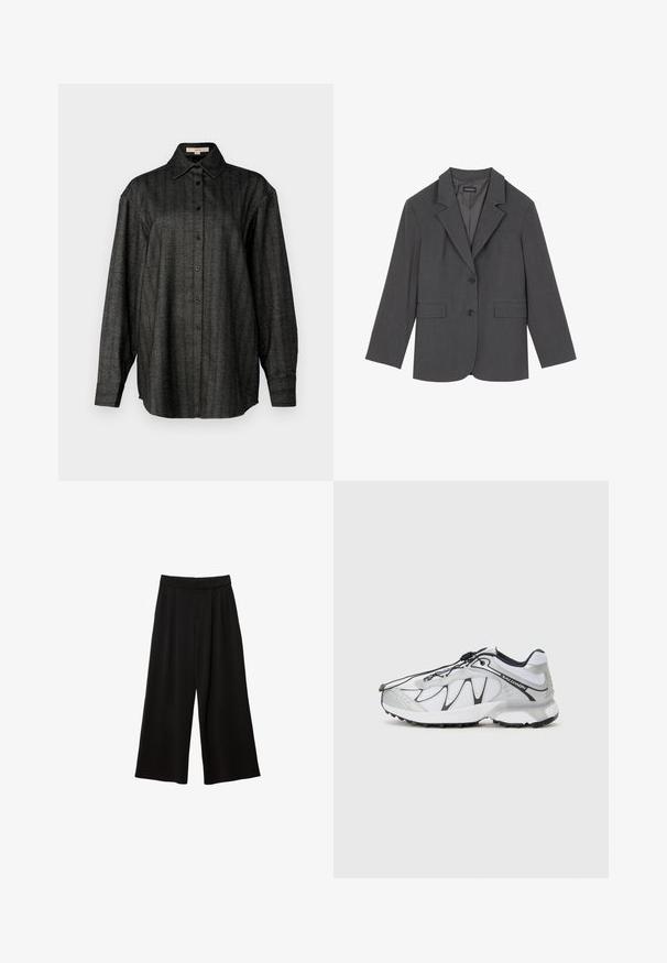 Siv blazer z oštrim reverjem, dvema sprednjima žepoma in dvema gumboma. Gladka tkanina z subtilnim vzorcem, strukturirana oblika in dolgi rokavi.; Majica s črno-sivo črtami, dolgimi rokavi, gumbi spredaj in klasičnim ovratnikom. Narejena iz teksturirane tkanine z udobnim krojem.; Črne široke hlače z visokim pasom, opremljene z gubami, gladko teksturo in brez vidnih žepov ali okrasnih detajlov.; Bela atletska obutev z mrežasto zgornjimi deli, črnimi akcenti, teksturiranim gumijastim podplatom in elastičnim vezalnim sistemom. Lahki in sodobnega dizajna.