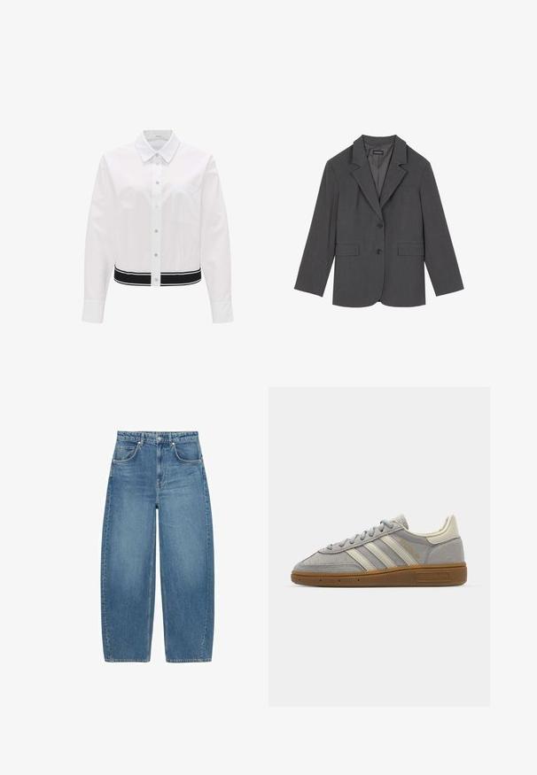 Gray blazer with notched lapels, two front pockets, and two buttons. Smooth fabric with a subtle weave pattern, structured fit, and long sleeves.; White collared shirt with a button front, long sleeves, and a black striped waistband. Features a chest pocket. Smooth texture, cotton blend.; Blue high-waist wide-leg jeans with front pockets and button closure, displayed flat on a white background.; Gray suede sneakers with light gray leather stripes and a gum rubber sole. Features include lace closure and subtle branding on the tongue.