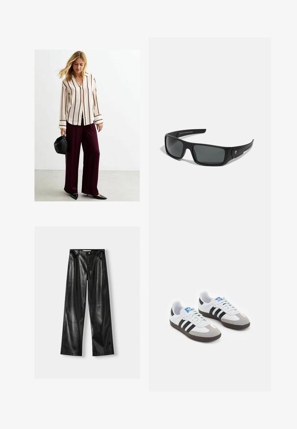Grauer Blazer mit Reverskragen, zwei Fronttaschen und zwei Knöpfen. Glattes Material mit einem dezenten Webmuster, taillierte Passform und langen Ärmeln.; Weißes Langarmhemd mit burgunderfarbenen vertikalen Streifen, kombiniert mit lockeren burgunderfarbenen Hosen. Das Modell hält eine schwarze, runde Handtasche.; Zwei Langarmshirts: eines schwarz und eines weiß. Beide haben einen runden Ausschnitt und eine glatte, gerippte Textur. Markenlabel im Ausschnitt sichtbar.; Schwarze Leder-Hose im weit geschnittenen Stil mit glänzender Oberfläche, ausgestattet mit zwei vorderen Taschen, einem Knopfverschluss und sichtbaren Nahtdetails.; Sportschuhe mit einem Obermaterial aus weißem Leder, grauer Wildleder-Zehenkappe und drei schwarzen Streifen. Sie verfügen über ein blaues Logo auf der Zunge und eine strukturierte Gummisohle.; Schwarze Sonnenbrille mit rechteckigem Rahmen, dunkelgrauen Gläsern und glatter Kunststoffoberfläche. Auffälliges Logo-Element an der Seite.; Schwarze Nylon-Umhängetasche mit geschwungener Form, silbernem Kettenakzent, abnehmbarem Mini-Pouch und verstellbarem Trageriemen; mit "Steve Madden"-Logo.