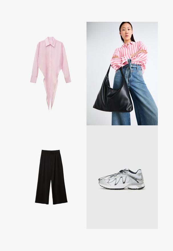 Blazer grigio con rever a punta, due tasche frontali e due bottoni. Tessuto liscio con un delicato motivo a trama, vestibilità strutturata e maniche lunghe.; Camicia rosa a maniche lunghe con orlo appuntito, chiusura frontale con bottoni e colletto classico. Tessuto leggero e trasparente con una consistenza liscia.; Pantaloni neri a gamba larga con vita alta, caratterizzati da pieghe, una texture liscia e senza tasche o decorazioni visibili.; Scarpe atletiche bianche con tomaia in mesh, dettagli neri, suola in gomma texturizzata e sistema di allacciatura elastico. Leggere e dal design moderno.; Borsa a spalla in pelle nera con una forma morbida e dettagli sulle cuciture. Il modello indossa una camicia a righe rosa e bianche con jeans a gamba larga blu.