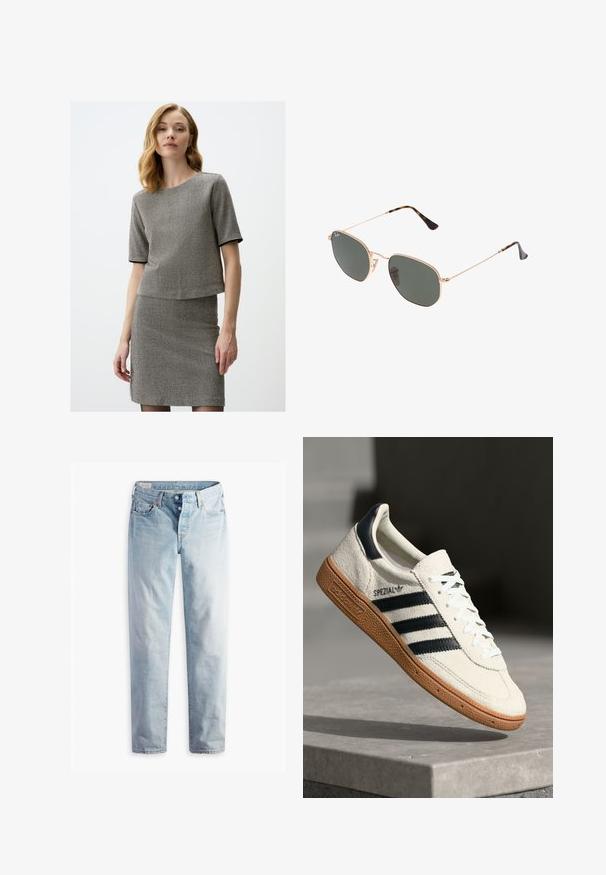 Blazer gris avec revers crantés, deux poches avant et deux boutons. Tissu lisse avec un motif de tissage subtil, coupe structurée et manches longues.; Ensemble deux pièces à chevrons gris comprenant un haut à manches courtes et une jupe cintrée. Le matériau a une finition texturée avec des accents en noir.; Jean en denim bleu clair avec une coupe droite, deux poches avant et deux poches arrière. Comprend une braguette à deux boutons et une couture subtile.; Baskets en daim blanc avec des bandes navy, semelle en caoutchouc gomme, tige texturée, bout rond et lacets ; arbore un logo sur le côté et sur la languette.; Lunettes de soleil en métal doré avec des verres vert foncé, de style aviateur, dotées de branches fines et d'accents en écaille de tortue sur les embouts.