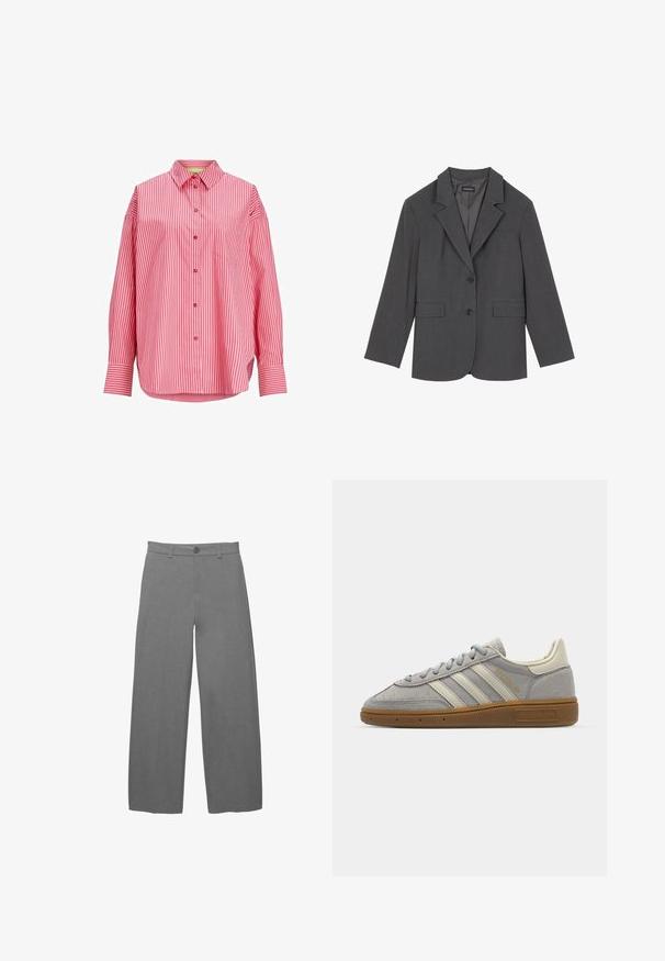 Grijze blazer met geplooide revers, twee voorzakken en twee knopen. Gladde stof met een subtiel geweven patroon, gestructureerde pasvorm en lange mouwen.; Rood-witte gestreepte overhemd, met knoopsluiting, lange mouwen, enkele borstzak, zachte stof, gebogen zoom.; Lichtgrijze broek met wijde pijpen van een gladde, gestructureerde stof, voorzien van een knoopsluiting aan de voorkant en riemlussen in de taille.; Grijze suède sneakers met lichtgrijze leren strepen en een gomrubberen zool. Kenmerken zijn een vetersluiting en subtiele branding op de tong.