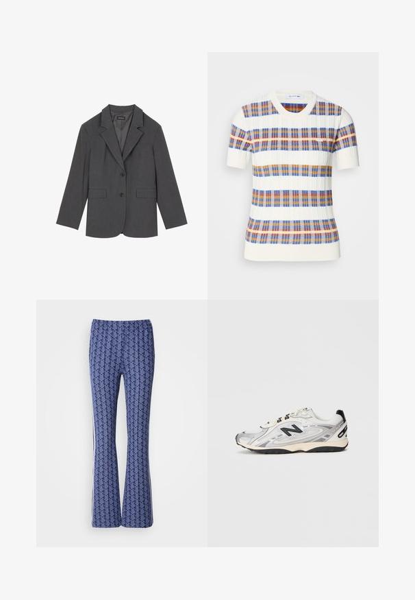 Šedý blazer s klopami, dvěma předními kapsami a dvěma knoflíky. Hladká látka s jemným tkaným vzorem, strukturovaný střih a dlouhé rukávy.; Bílý krátký rukáv svetr s ribovanou texturou, který má horizontální pruhy v červené, modré a oranžové kostce, a kulatý výstřih.; Modré vzorované rozšířené kalhoty s geometrickým designem, elastickým pasem a bílými pruhy po stranách. Hladká textura po celé ploše.; Šedá a bílá sportovní bota s kulatou špičkou, síťovinou a syntetickými materiály, černými akcenty a texturovanou gumovou podrážkou.
