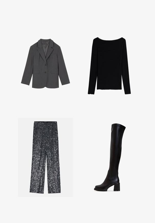 Blazer gris avec revers crantés, deux poches avant et deux boutons. Tissu lisse avec un motif de tissage subtil, coupe structurée et manches longues.; Intimissimi ULTRALIGHT - T-shirt à manches longues - black; Pantalons palazzo en sequins noirs avec une coupe large et une taille élastique, présentant une surface brillante et texturée qui reflète la lumière.; Bottes en cuir noires, montant jusqu'au genou, avec un talon épais, une texture lisse et un bout rond ; présentent des détails de couture visibles sur le dessus.