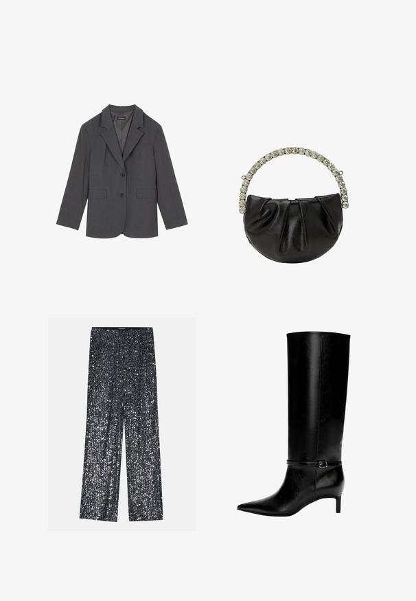 Grå kavaj med slag, två framfickor och två knappar. Slät tyg med en subtil vävstruktur, strukturerad passform och långärmade.; Intimissimi CHRISTMAS - Långärmad tröja - black; Svarta palazzo byxor med palazzo-design och elastisk midja, med en blank, texturerad yta som reflekterar ljus.; Svart läder knähöga stövlar med spetsig tå och en liten klack. Har ett smalt band med en metallspänne runt vristen. Slät yta.; Svart läderhandväska med en rynkad design och ett handtag med kristalldetaljer, med en rundad form och slät textur.