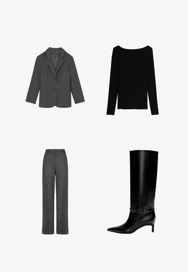 Grå kavaj med slag, två framfickor och två knappar. Slät tyg med en subtil vävstruktur, strukturerad passform och långärmade.; Intimissimi CHRISTMAS - Långärmad tröja - black; Grå byxor med fiskbensmönster och vid silhuett, med flat midja och upprullade manschetter, tillverkade i texturerat tyg.; Svart läder knähöga stövlar med spetsig tå och en liten klack. Har ett smalt band med en metallspänne runt vristen. Slät yta.