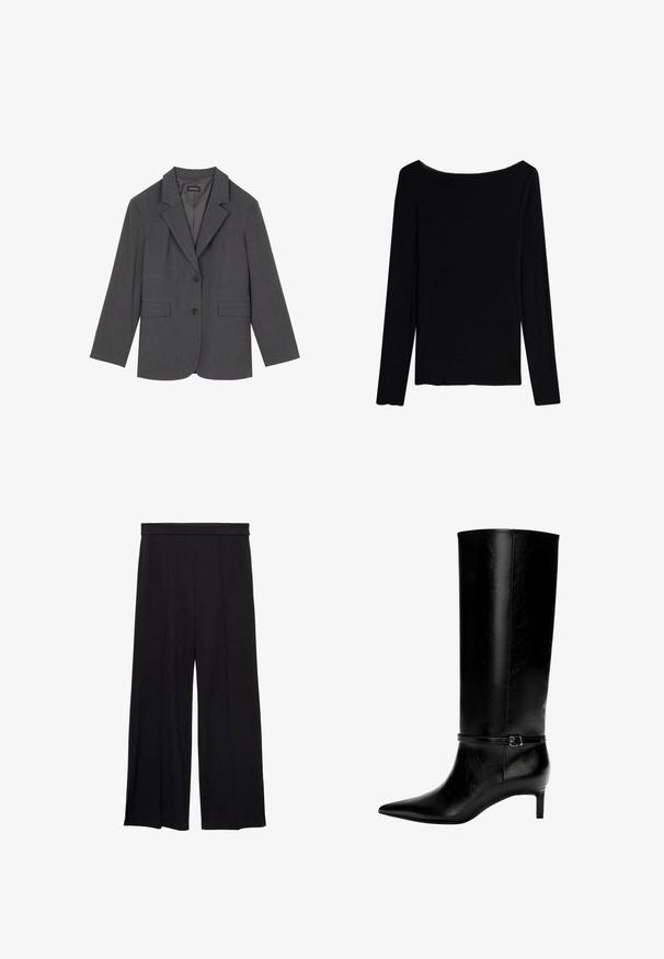 Grå kavaj med slag, två framfickor och två knappar. Slät tyg med en subtil vävstruktur, strukturerad passform och långärmade.; Intimissimi CHRISTMAS - Långärmad tröja - black; Svarta, vida byxor med en jämn textur, med hög midja och framfickor, inga synliga knäppningar eller fickor.; Svart läder knähöga stövlar med spetsig tå och en liten klack. Har ett smalt band med en metallspänne runt vristen. Slät yta.