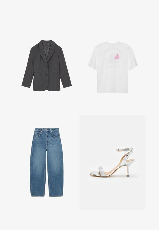 Gray blazer with notched lapels, two front pockets, and two buttons. Smooth fabric with a subtle weave pattern, structured fit, and long sleeves.; White cotton T-shirt featuring a centered pink cupcake graphic with a cherry on top. Short sleeves and relaxed fit.; Blue high-waist wide-leg jeans with front pockets and button closure, displayed flat on a white background.; Silver high-heeled sandal with a textured reptile pattern, ankle strap, and a thin stiletto heel, showcasing a sleek, minimal design.