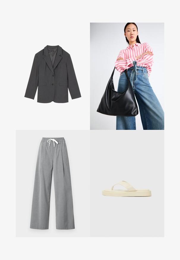 Grauer Blazer mit Reverskragen, zwei Fronttaschen und zwei Knöpfen. Glattes Material mit einem dezenten Webmuster, taillierte Passform und langen Ärmeln.; Weißes Baumwoll-T-Shirt mit einem zentralen, rosa Cupcake-Grafik und einer Kirsche obendrauf. Kurze Ärmel und lässige Passform.; Graue weite Hosen aus leichtem Stoff mit gefaltetem Vorderteil und einem elastischen Bund, der eine weiße Kordel enthält.; Flache Flip-Flops in hellem Gelb. Hergestellt aus glattem Gummi mit zwei diagonalen Riemen und einer dicken Sohle für Komfort und Langlebigkeit.; Schwarze Leder-Umhängetasche mit einer lässigen Form und Nahtdetails. Das Modell trägt ein pink-weiß gestreiftes Hemd zu weit geschnittenen blauen Jeans.