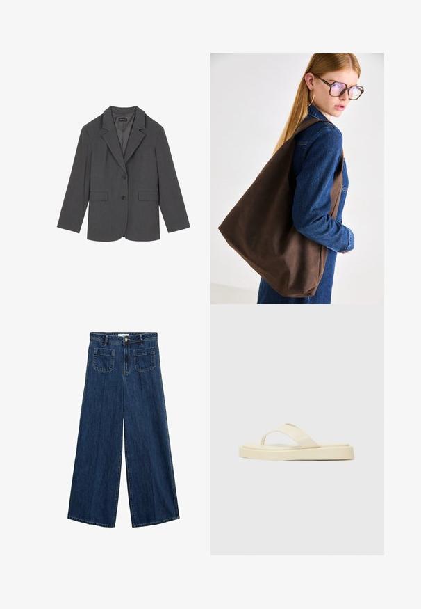 Šedý blazer s klopami, dvěma předními kapsami a dvěma knoflíky. Hladká látka s jemným tkaným vzorem, strukturovaný střih a dlouhé rukávy.; Bílý bavlněný tričko s centrálním růžovým grafickým návrhem dortíku s třešní na vrcholu. Krátké rukávy a volný střih.; Široké džíny v tmavěmodrém denimovém provedení, s vysokým pasem, dvěma předními kapsami a zapínáním na knoflík, s čistým, texturovaným povrchem.; Ploché žabky ve světle žluté barvě. Vyrobené z hladké gumy se dvěma diagonálními pásky a silnou podrážkou pro pohodlí a trvanlivost.; Hnědá kožená taška přes rameno s měkkou texturou, která nabízí prostorný design a jedno ramenní ucho. Nosená s modrou denimovou bundou.