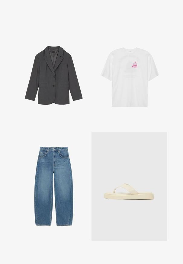 Gray blazer with notched lapels, two front pockets, and two buttons. Smooth fabric with a subtle weave pattern, structured fit, and long sleeves.; White cotton T-shirt featuring a centered pink cupcake graphic with a cherry on top. Short sleeves and relaxed fit.; Blue high-waist wide-leg jeans with front pockets and button closure, displayed flat on a white background.; Flat flip-flop sandals in light yellow. Made of smooth rubber with two diagonal straps and a thick sole for comfort and durability.
