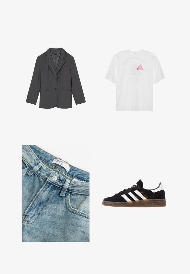 Pelēks žakets ar iegrieztiem klāniem, divām priekšējām kabatām un diviem pogām. Gluds audums ar smalku auduma rakstu, strukturēta piegriezuma un garām piedurknēm.; Balts kokvilnas T-krekls ar centrētu rozā kūciņas grafiku ar ķiršiem virsū. Īsas piedurknes un brīva piegriezuma.; Platas zemu jostas aneja džinsu bikses izgaismotā gaiši ziltā krāsā. Iezīmē redzamas šuvju līnijas, metāla pogu un markas etiķeti biksēs iekšpusē.; Melnas Adidas sporta kurpes ar baltām svītrām, zelta "Spezial" uzrakstu, gumijas zoli un baltu papēža daļu, attēlotas profila skatījumā.