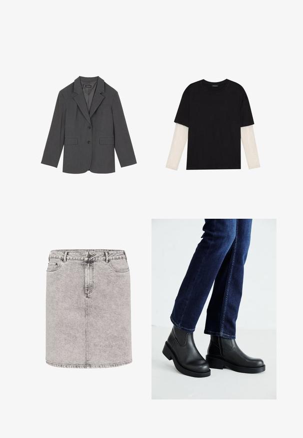 Grå kavaj med slag, två framfickor och två knappar. Slät tyg med en subtil vävstruktur, strukturerad passform och långärmade.; Svart t-shirt i bomull, med korta ärmar över ett vitt långärmat lager med en subtil texturdesign. Rundad halsringning.; Jeanskjol i ljusgrått, med en penform, framfickor och synliga sömdetaljer. Materialet har en något texturerad yta.; Svarta läderankelskor med tjock sula och sidodelar i elastisk material, kombinerade med mörkblå jeans. Markytan är i ljus färg.