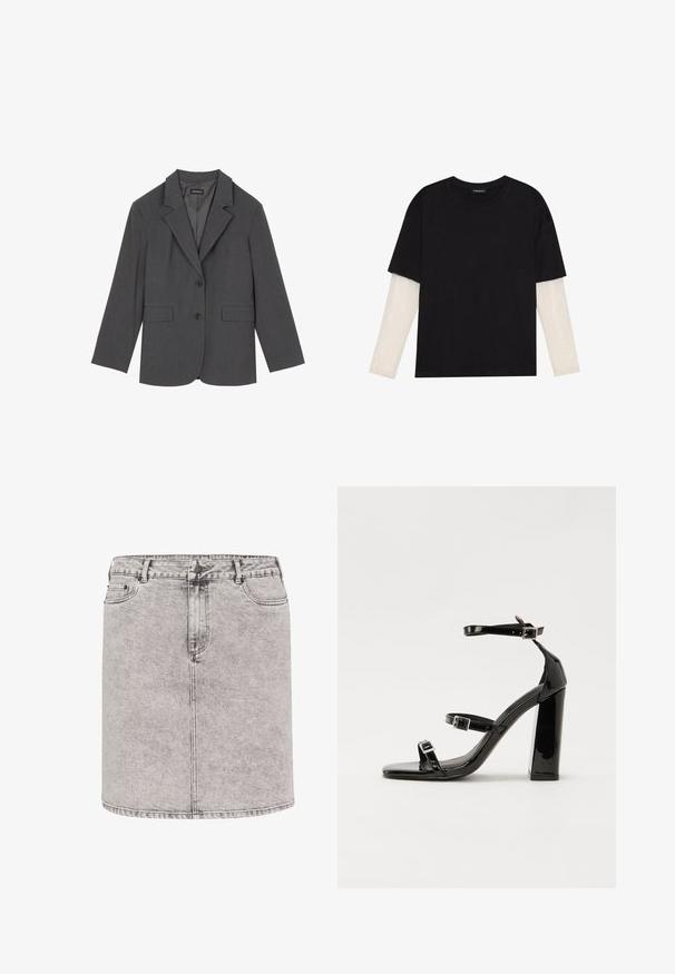 Grå blazer med noterede klapper, to frontlommer og to knapper. Glat stof med et subtilt vævemønster, struktureret pasform og lange ærmer.; Sort T-shirt lavet af bomuld, med korte ærmer over et hvidt langærmet lag med et subtilt tekstureret mønster. Design med rund hals.; Denimnederdel i lys grå, med en pencil-form, frontlommer og synlige sy-detaljer. Materialet har en let tekstureret overflade.; Sorte patenterede hælsandaler med firkantet tå, ankelremme og sølvspænder. Har en chunky blokHæl for stabilitet.