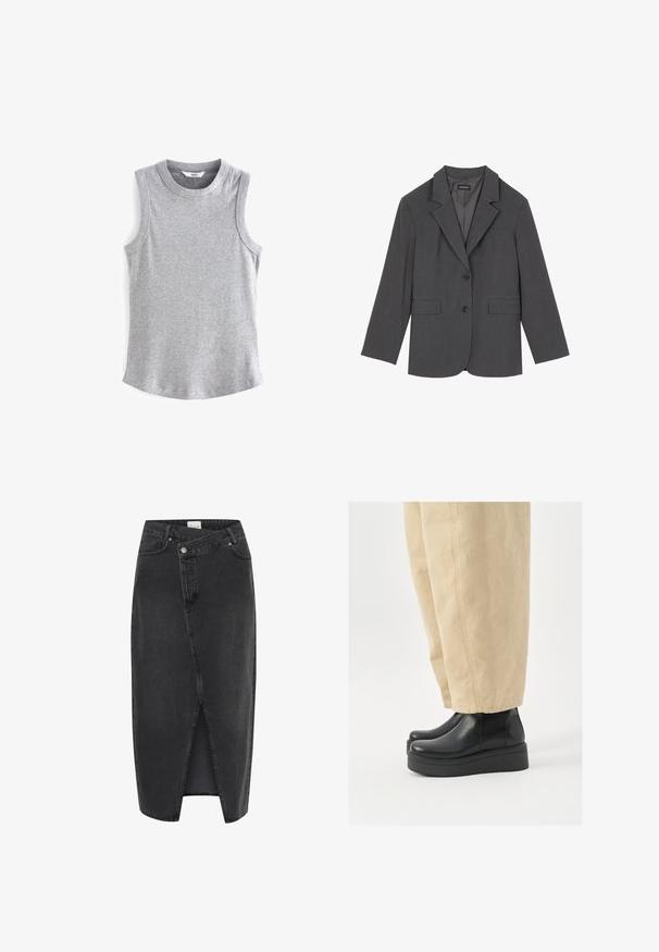 Blazer gris con solapas en pico, dos bolsillos frontales y dos botones. Tejido suave con un patrón de tejido sutil, corte estructurado y mangas largas.; Next RACER STANDARD - Top - grey marl; Falda midi de mezclilla negra con abertura frontal, ajuste estructurado y diseño clásico de cinco bolsillos. Presenta un cierre de botón y cremallera.; Botas de cuero negro hasta el tobillo con punta redondeada y suela de plataforma. Combinadas con pantalones de pierna ancha beige, que presentan detalles de costura visibles.