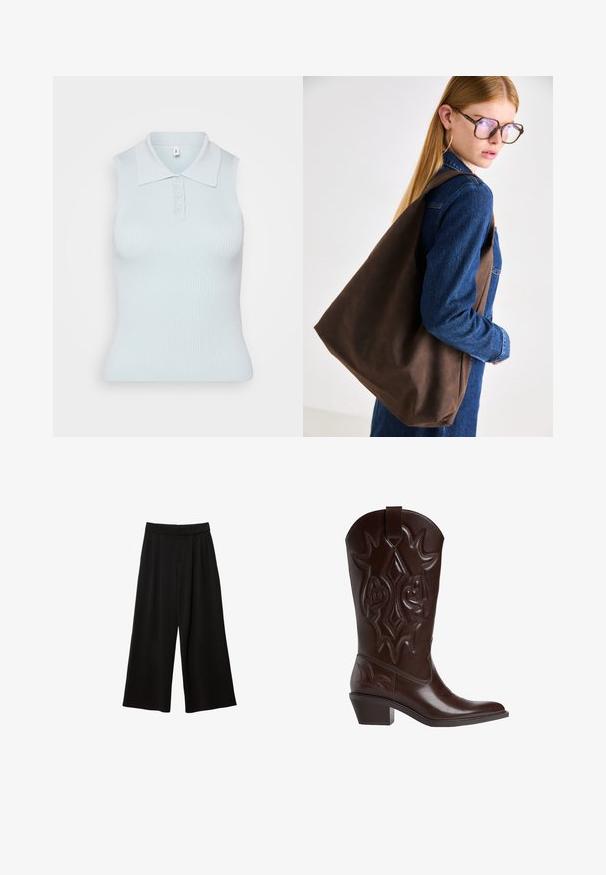 Sivý blejzer s vykrojenými klopami, dvoma prednými vreckami a dvoma gombíkmi. Hladká tkanina s jemným tkaným vzorom, štruktúrovaný strih a dlhé rukávy.; Svetlomodré bezrukávové polo tričko s rebrovanou textúrou, s plochým golierom a trojicou gombíkov na zapínanie vpredu. Jednoduchý dizajn.; Čierne nohavice s širokými nohavicami a vysokým pásom, s plišmi, hladkou textúrou a bez viditeľných vreciek či ozdôb.; Tmavohnedé kožené kovbojské čižmy so zdobným prešívaním, špicatou špičkou, stredne vysokým kopytom a pútkom na vrchu.; Hnedá kožená taška s mäkkou textúrou, ktorá sa vyznačuje priestranným dizajnom a jedným popruhom. Nosená s modrou denimsovou bundou.