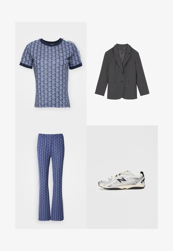 Sacou gri cu rever clasic, două buzunare frontale și două butoane. Material neted cu un model de țesătură subtil, croială structurată și mâneci lungi.; Tricou de culoare albastru închis, cu mânecă scurtă, având un pattern geometric alb, guler ribbelat în nuanță de albastru închis și dungi laterale contrastante. Dispune de un mic logo.; Pantaloni evazați cu un model albastru, prezentând un design geometric, talie elastică și dungi albe pe laturi. Textură netedă pe toată suprafața.; Adidași atletici gri și albi cu vârf rotunjit, din materiale din plasă și sintetice, accente negre și o talpă texturată din cauciuc.
