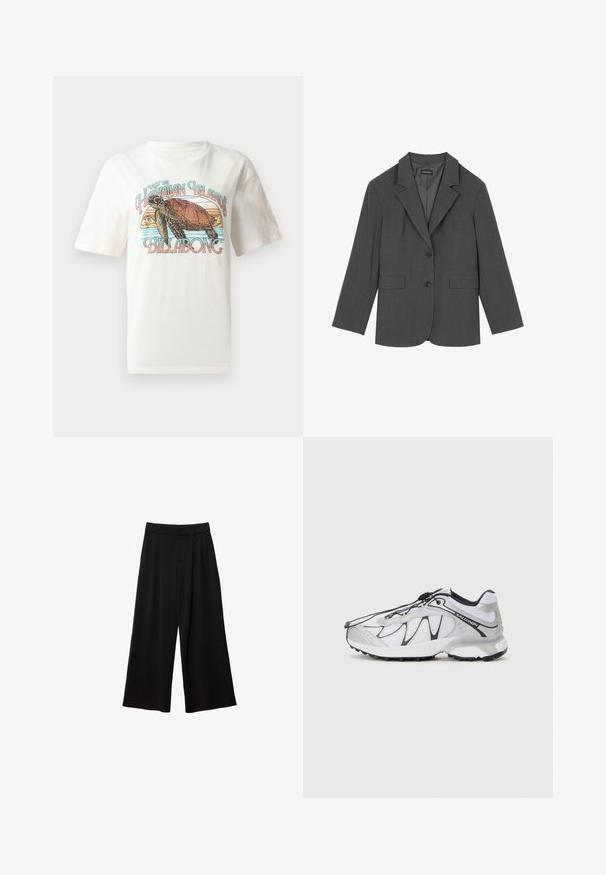 Sivý blejzer s vykrojenými klopami, dvoma prednými vreckami a dvoma gombíkmi. Hladká tkanina s jemným tkaným vzorom, štruktúrovaný strih a dlhé rukávy.; Biela bavlnená tričko s grafickým dizajnom korytnačky a hôr, s textom "Navštívte havajské ostrovy Billabong" v farebnom písme.; Čierne nohavice s širokými nohavicami a vysokým pásom, s plišmi, hladkou textúrou a bez viditeľných vreciek či ozdôb.; Biele športové topánky s vrchnou časťou z priedušnej sieťoviny, čiernymi akcentmi, textúrovanou gumovou podrážkou a elastickým šnurovaním. Ľahké s moderným dizajnom.