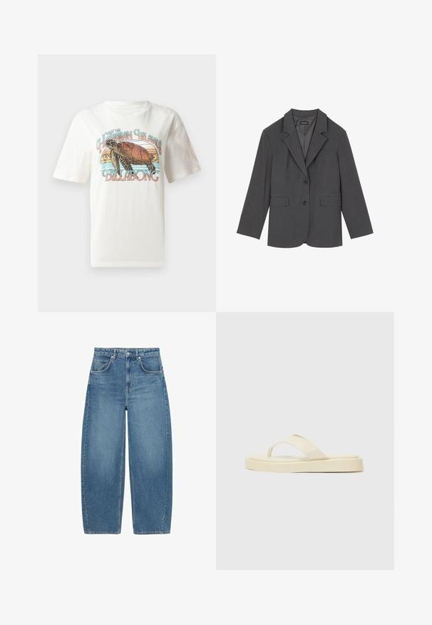 Sivý blejzer s vykrojenými klopami, dvoma prednými vreckami a dvoma gombíkmi. Hladká tkanina s jemným tkaným vzorom, štruktúrovaný strih a dlhé rukávy.; Biela bavlnená tričko s grafickým dizajnom korytnačky a hôr, s textom "Navštívte havajské ostrovy Billabong" v farebnom písme.; Modré riflové nohavice s vysokým pásom a širokými nohavicami, s prednými vreckami a zapínaním na gombík, vystavené ploché na bielom pozadí.; Ploché žabky svetložltej farby. Vyrobené z hladkej gumy s dvoma diagonálnymi popruhmi a hrubou podrážkou pre pohodlie a trvácnosť.