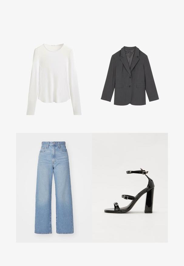 Gray blazer with notched lapels, two front pockets, and two buttons. Smooth fabric with a subtle weave pattern, structured fit, and long sleeves.; Long-sleeve white ribbed top with round neckline and subtle seam details shaping the waist, displayed on a plain white background.; Light blue high-waist wide-leg jeans with front button and zip closure, front and back pockets, on a white background.; Black patent heeled sandals with a square toe, ankle straps, and silver buckles. Features a chunky block heel for stability.